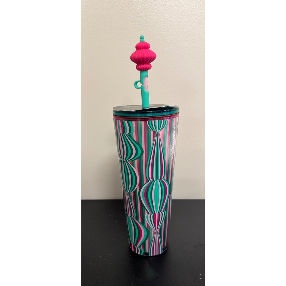 Starbucks 24 oz 2024 Holiday Tumbler Pink Green Stripe ornament Straw‎ Topper
